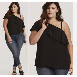 TORRID Georgette One Shoulder Top‎ Black Ruffle Dressy Plus Size 2X 2